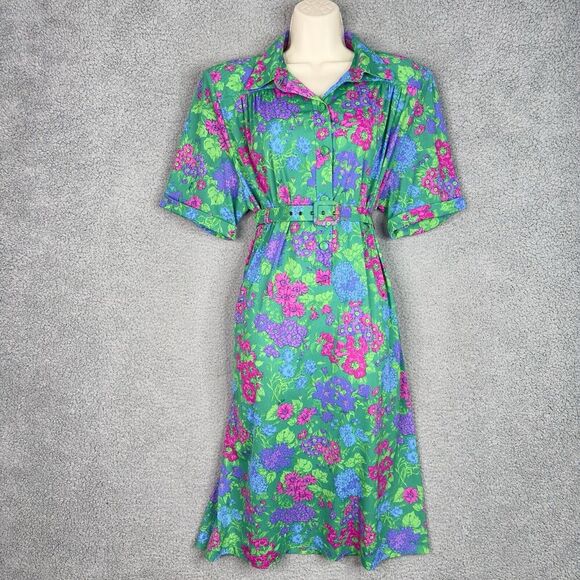 Ken Scott VTG 70s Shirt Dress Womens Sz M/L (EU 48) Green Floral Made in Italy - Picture 15 of 15